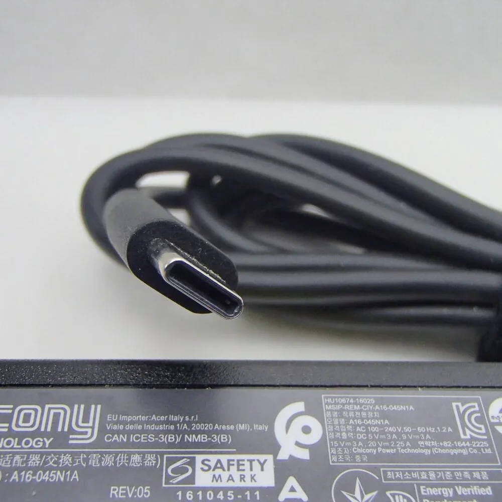 Chicony 20V 2.25A USB-C Acer Chromebook R 13 / 14 / 11 TAB 10 A16-045N1A Charger